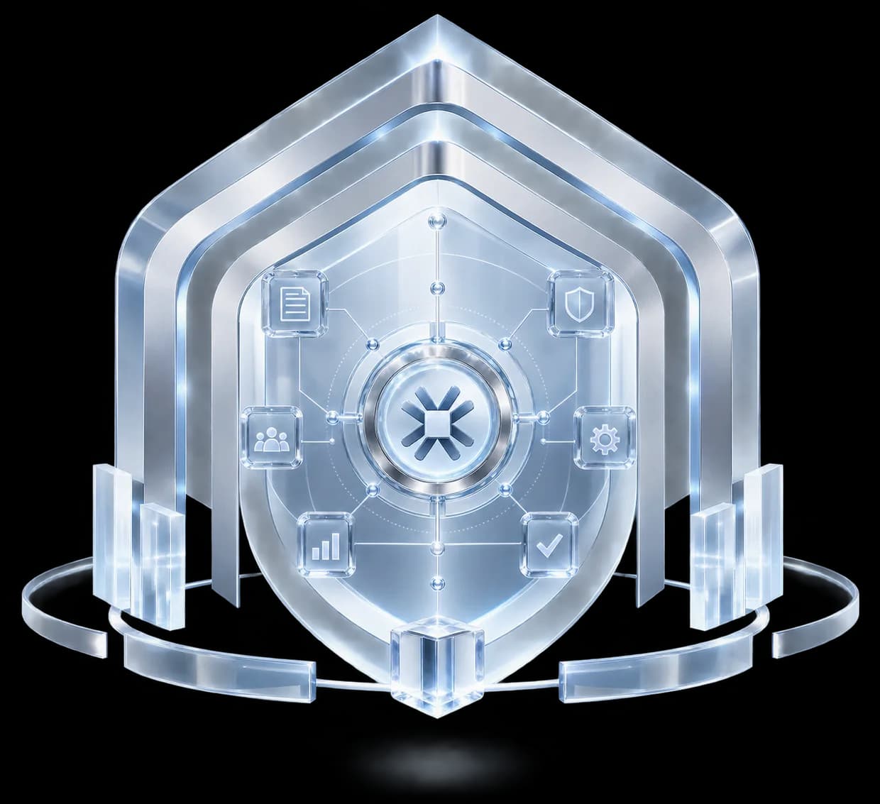 Layered steel shield representing the Arcway policy engine